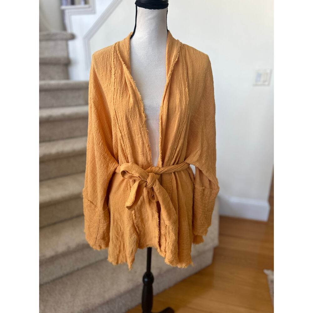 Urban Mango Boho Light Orange Raw Hem Embroidered Tie Waist Kimono